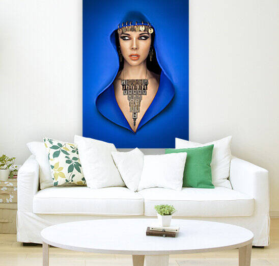 Beautiful arabic style woman with a glamorous makeup wearing a blue veil and keys as jewels by Artmood Visualz
