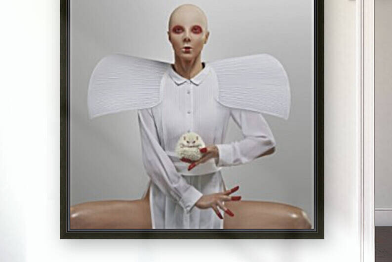 Front view of a bald woman wearing a white dress with large shoulder pads and red makeup holding an albino hedgehog standing in a white space by Artmood Visualz