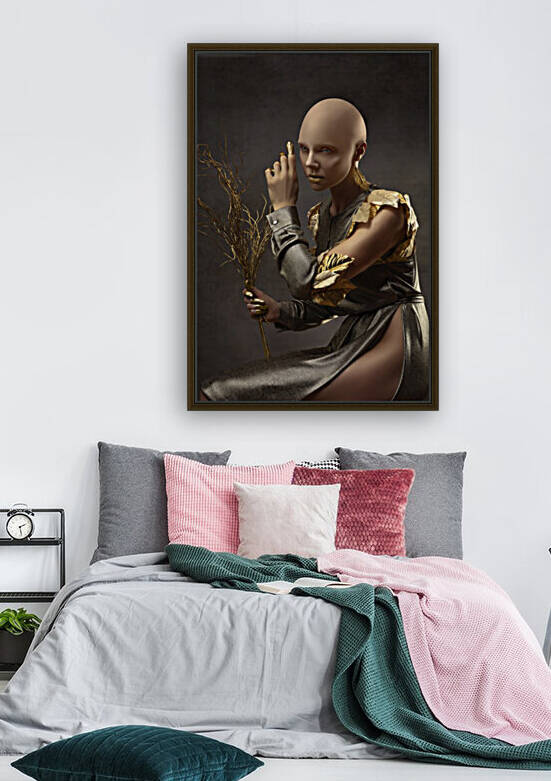Portrait of a beautiful bald woman dressed in gold and holding golden branches holding up a finger painted with gold nail polish by Artmood Visualz