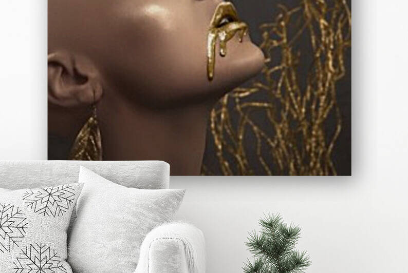 Portrait of a beautiful bald woman in front of golden branches wearing a gold leaf earring and metallic makeup her liquid lipstick running on her face by Artmood Visualz
