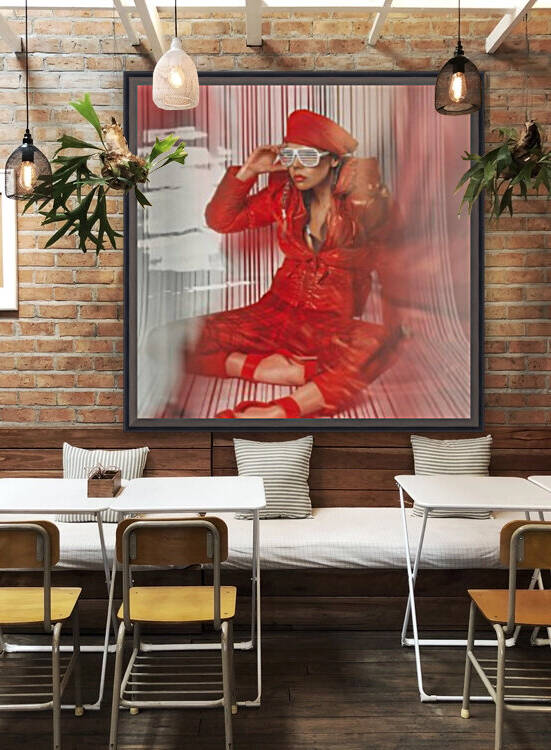 Beautiful blonde fashion model wearing braids in a red outfit with grill glasses posing in a white striped plastic environment by Artmood Visualz