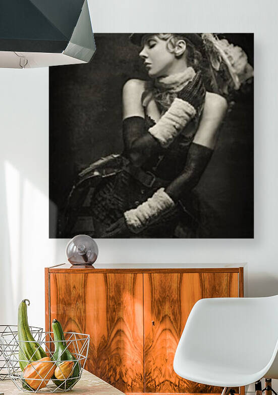 Old-fashioned black and white portrait of a young cabaret showgirl in her stage costume by Artmood Visualz