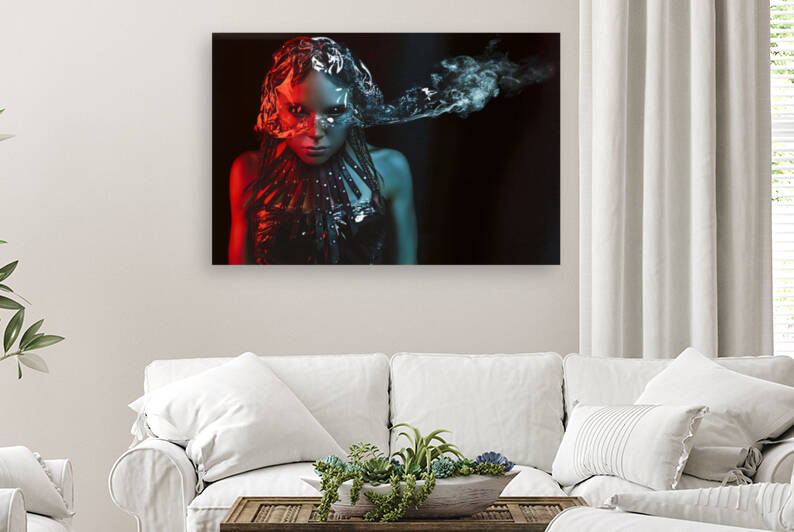 Young woman with black eyes staring at the camera wearing a leather choker necklace and a plastic helmet emitting smoke in front of a black background by Artmood Visualz