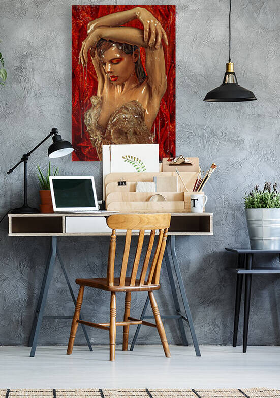 Portrait of a beautiful sensual young woman wearing red glossy makeup and a golden tulle bustier fully covered with honey that is dripping  by Artmood Visualz