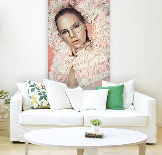 Portrait of a beautiful female model with wet hair wearing a striped pink fur coat and glossy eyeglasses by Artmood Visualz