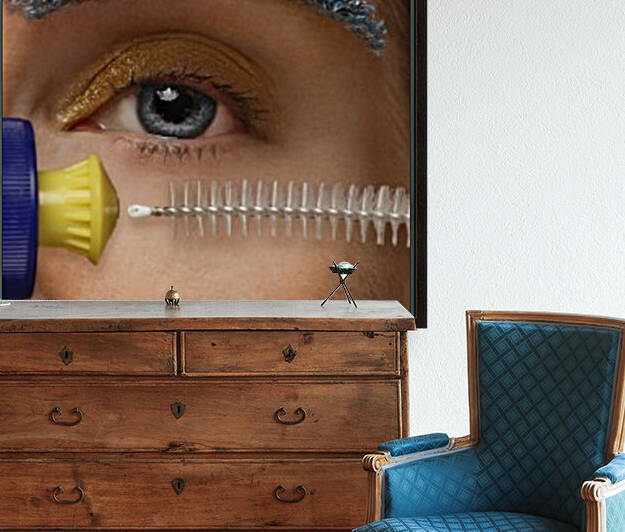Close-up of a womans blue eye with a dishwashing soap bottle and a cleaning brush as a mascara tube and applicator her eyebrow made out of a scrubber by Artmood Visualz