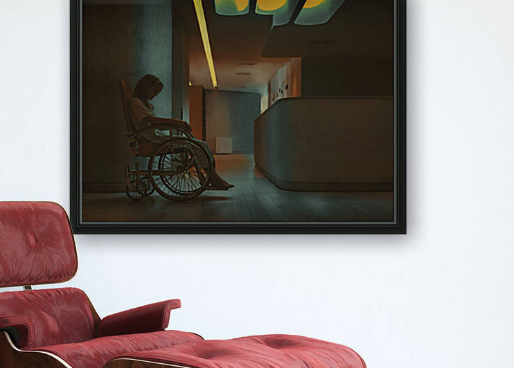 Young disabled woman sitting in an antique wheelchair alone in the dark corridor of a health center by Artmood Visualz