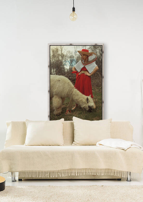 Young blonde woman dressed in an outfit inspired by traditional South American costumes enjoying a day outdoors with an alpaca	 by Artmood Visualz