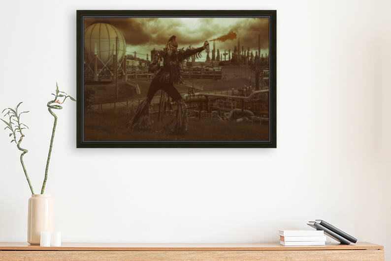 Female wastelander dressed in a costume made of archival film strips wearing a film reel gas mask spraying smog in the air of an apocalyptic industrial landscape by Artmood Visualz