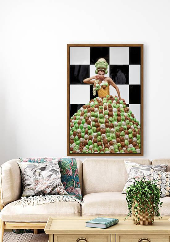 Beautiful young woman wearing a high three-color hairstyle and an ice cream scoops dress with an ice cream cone corset posing in front of a checkerboard wall by Artmood Visualz