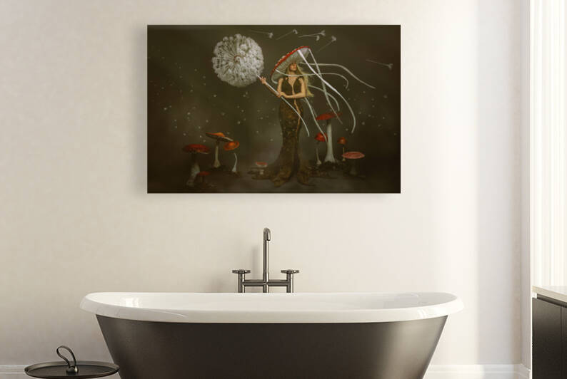 Fairy wind and fog scene where a young woman with white blonde hair wearing a peat moss dress and a mushroom hat holds a blooming dandelion and is surrounded by mushrooms by Artmood Visualz