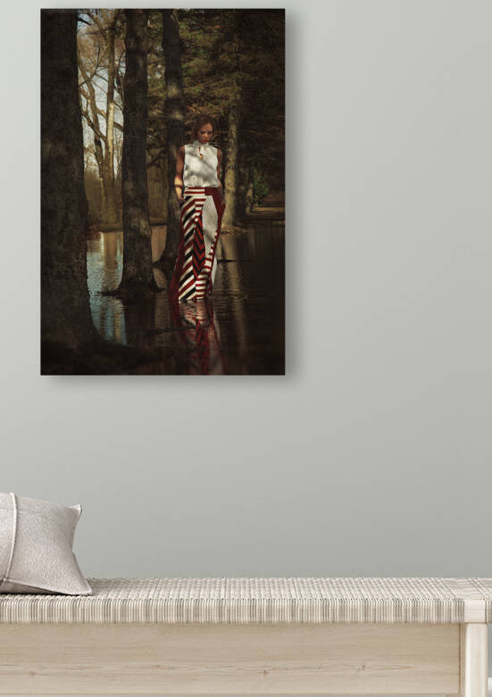 Beautiful young blonde woman wearing a long red patterned skirt standing in a water flooded forest by Artmood Visualz