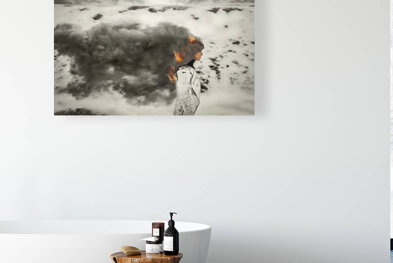 Outdoor scene of a woman with steel wool hair on fire emitting thick black smoke wearing a coat made of aluminum foil and standing in front of a mountain of snow in winter by Artmood Visualz
