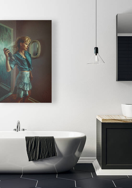 vintage lifestyle portrait of a young blonde woman in a late 80s early 90s interior decor wearing a denim outfit and styling her teased hair and bangs with hairspray by Artmood Visualz