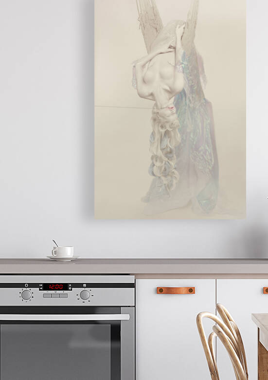 Fantasy scene of an all white mermaid with long hair caught upside down in a fishing net a hook stuck in her mouth a light mist filling the atmosphere by Artmood Visualz