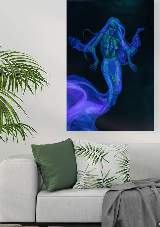 Female sea creature with four eyes and a mermaid tail bioluminescent in the dark sea depths by Artmood Visualz