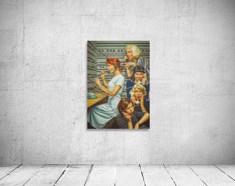Vintage scene of four women from the 1950s gossiping on the phone their handset connected to a switchboard station by a telephone operator Wall Preview