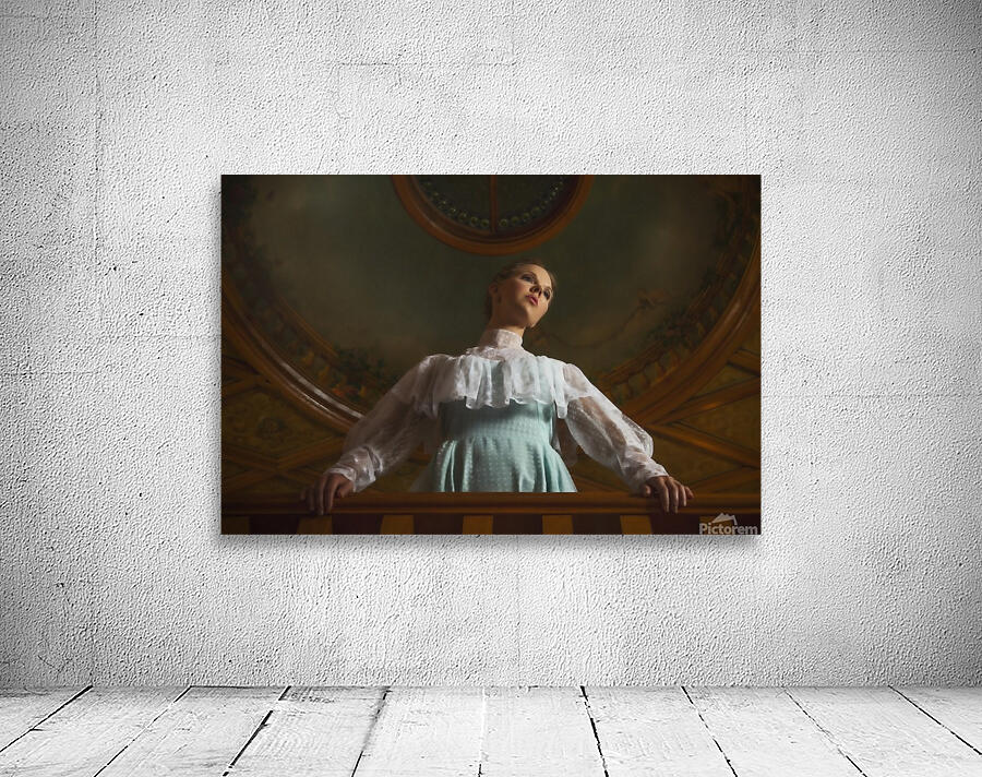 Young girl standing under a classical artwork of the cathedral ceiling Wall Preview