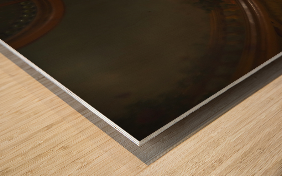 Young girl standing under a classical artwork of the cathedral ceiling Wood print