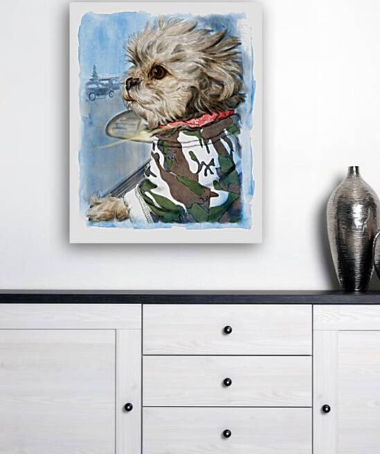 Cute dog portrait looking out car window watercolor painting by Kevin Miller Photography