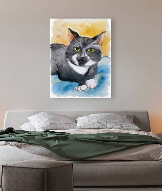 Pet portrait of tuxedo cat. Watercolor drawing. by Kevin Miller Photography