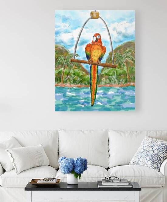 Red scarlet macaw parrot with nature landscape background by Kevin Miller Photography
