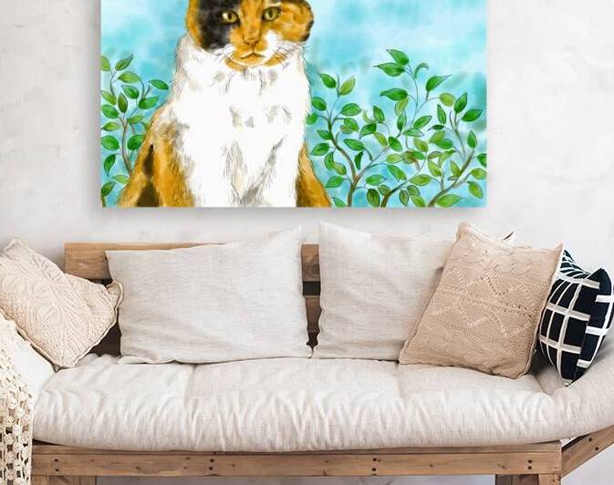 Calico cat pet portrait watercolor painting by Kevin Miller Photography