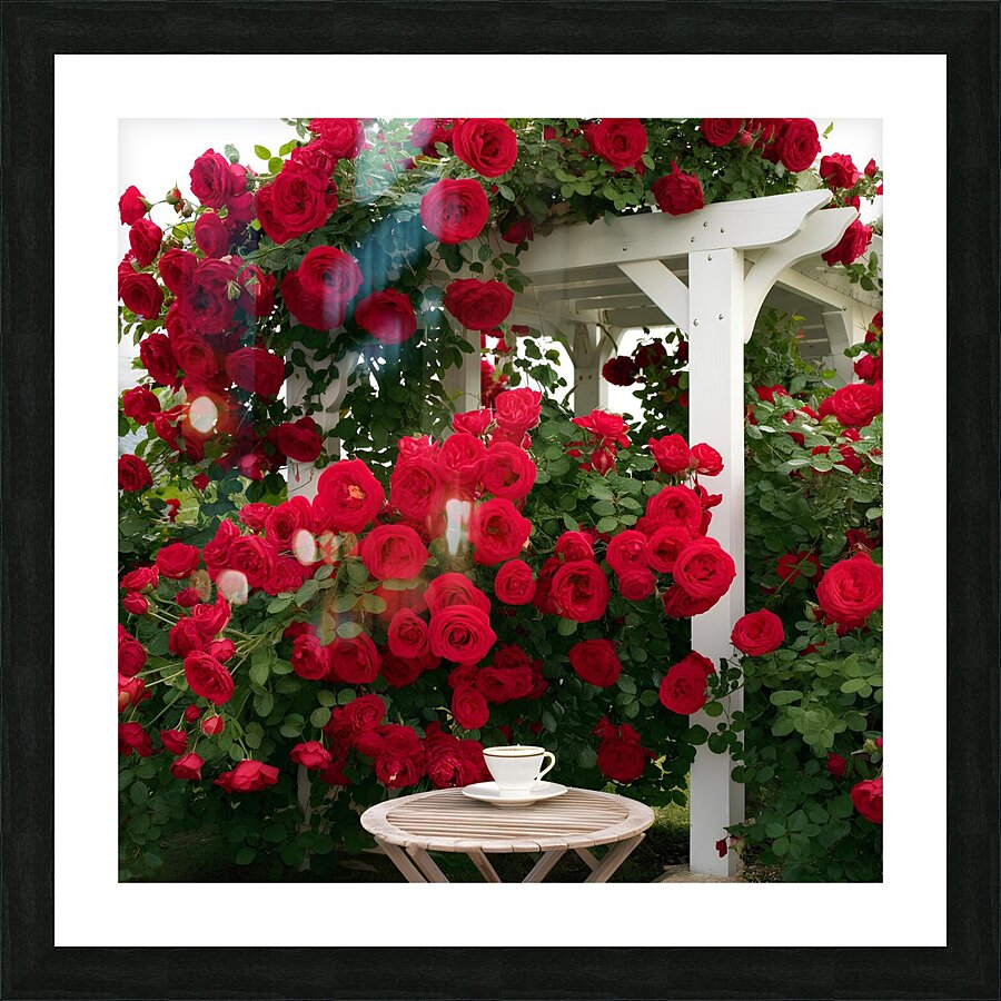  A White Pergola and Red Roses.  Picture Frame print
