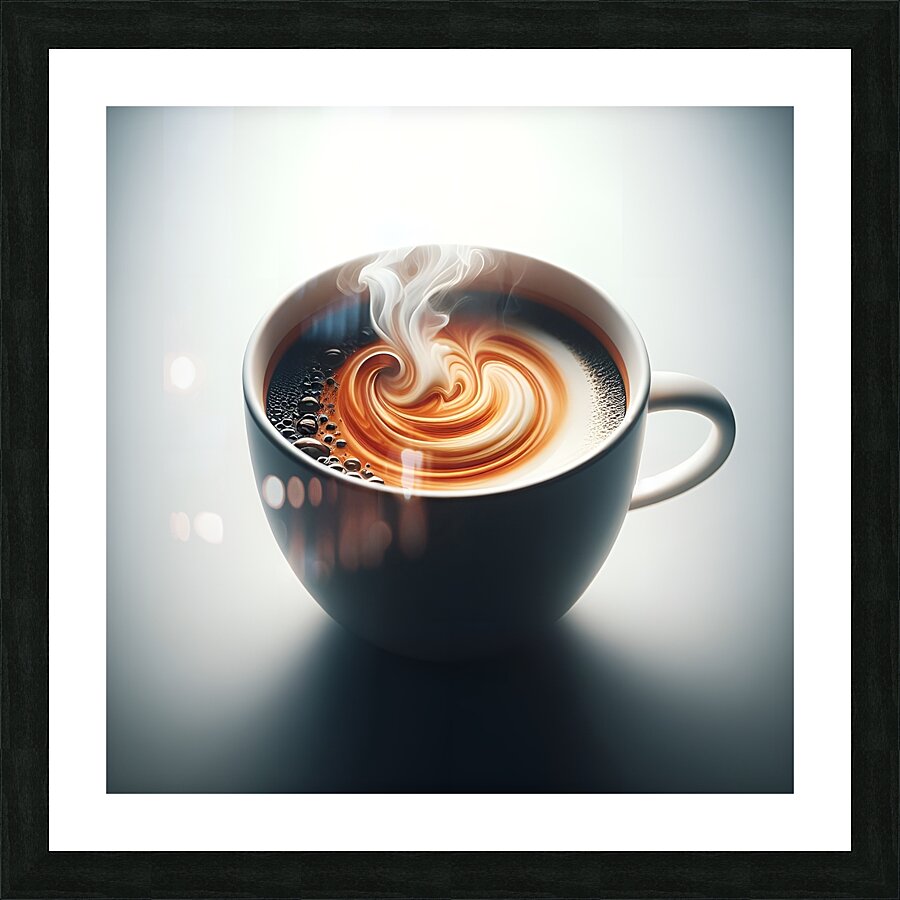 A meticulously crafted cup of coffee adorned with captivating foam art. Picture Frame print
