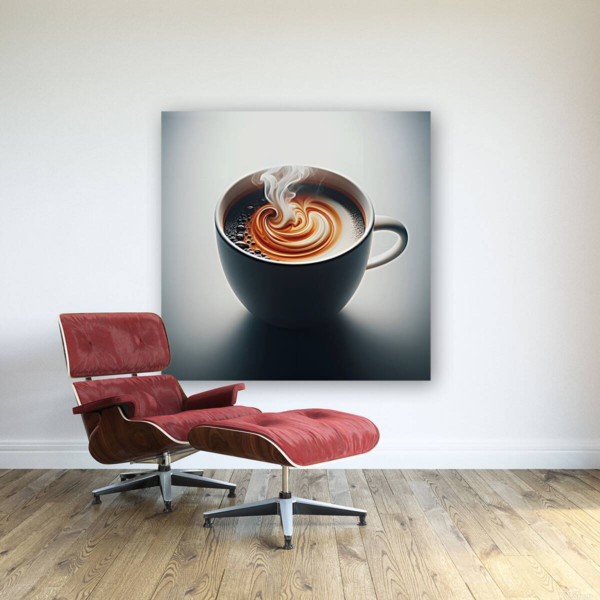 A meticulously crafted cup of coffee adorned with captivating foam art. Reproduction