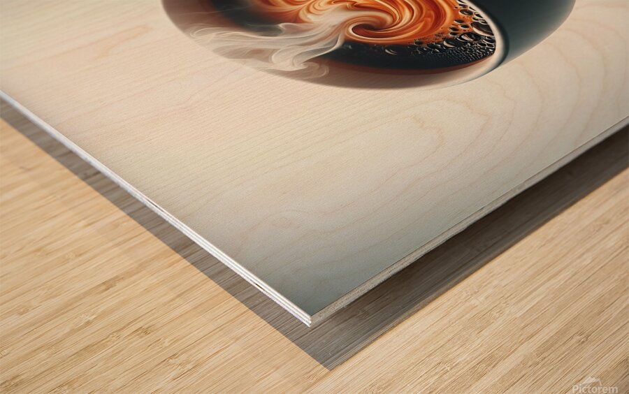 A meticulously crafted cup of coffee adorned with captivating foam art. Wood print