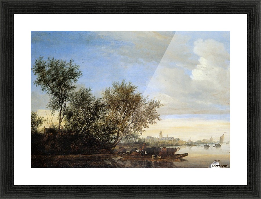 River landscape with ferry Sun Picture Frame print