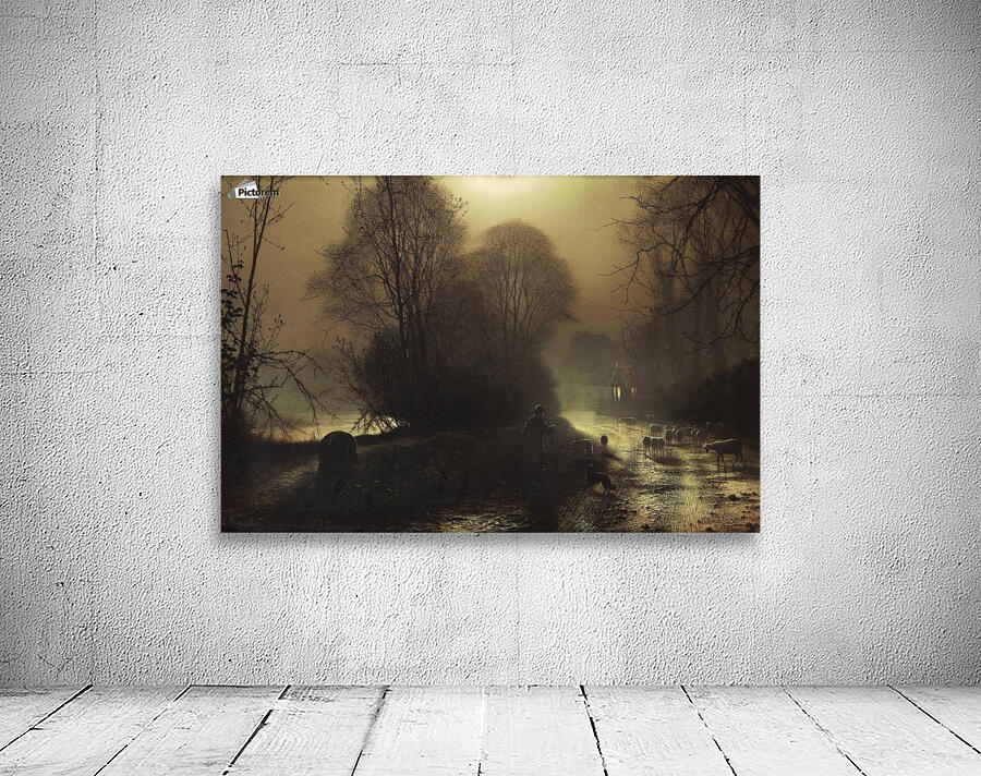 Shepherd with sheep in a moonlit lane Wall Preview