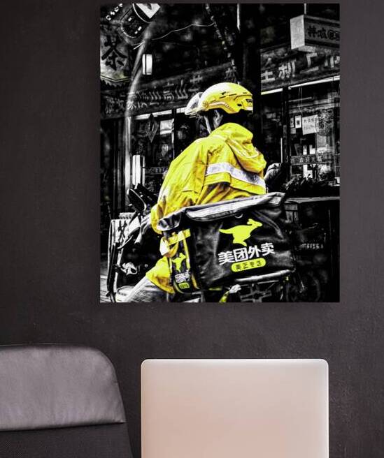Courier in Yellow : Selective Color Chengdu Street Photography by Timothy Kieper