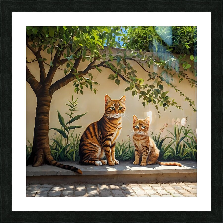 Default A high-quality wall painting depicts a cat and its kitten under the shade of a tree Picture Frame print