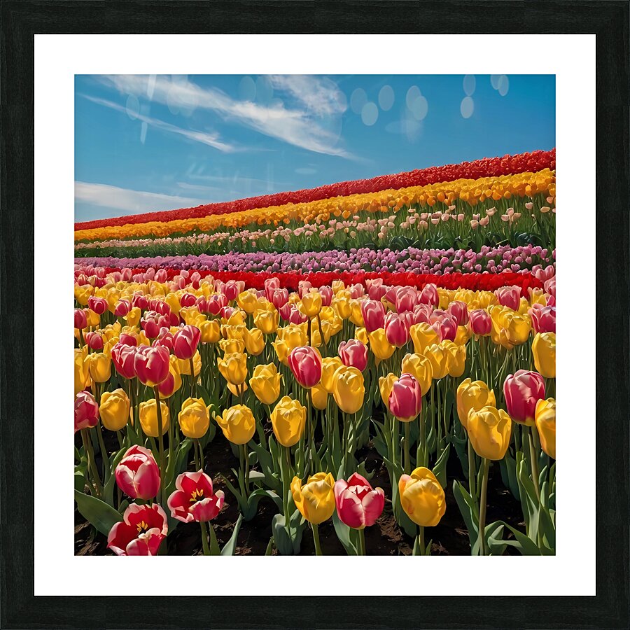 Default A field of tulips in different colors under a blue sky Picture Frame print