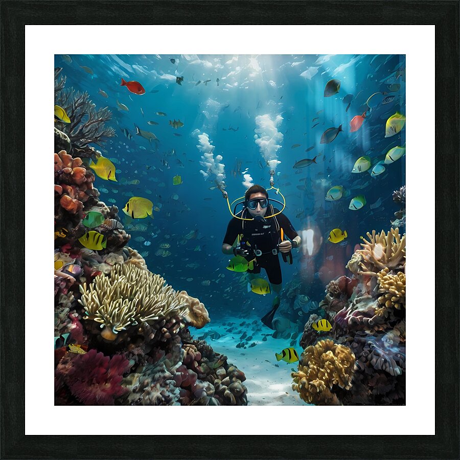 Default The mural is a highquality depiction of an underwater scene featuring a male diver exploring the depths of the ocean Picture Frame print