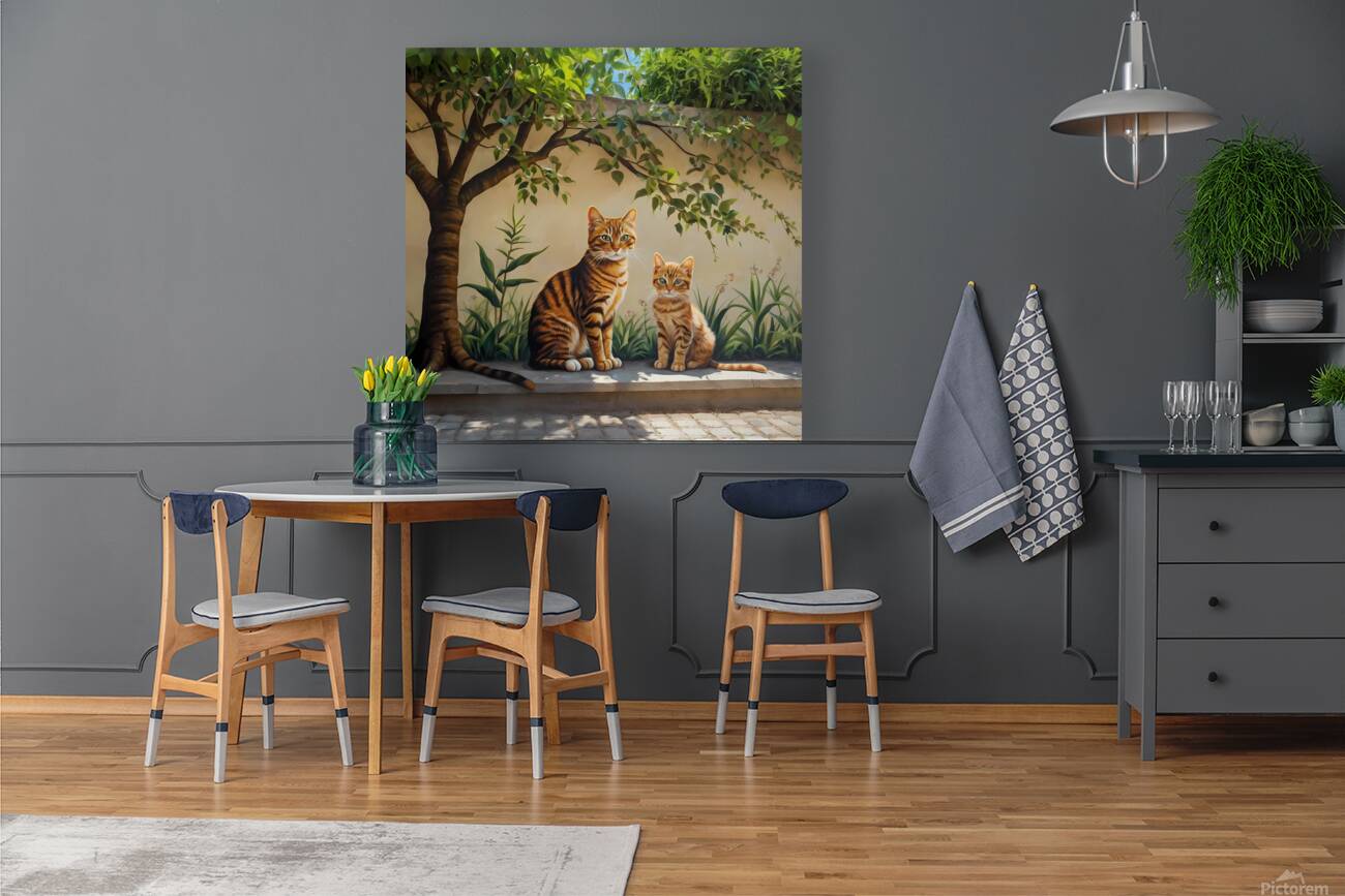 Default A high-quality wall painting depicts a cat and its kitten under the shade of a tree Reproduction