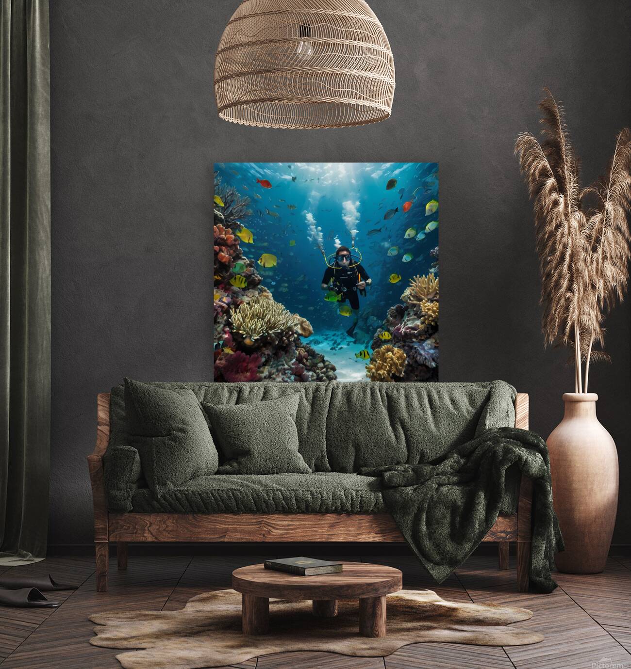 Default The mural is a highquality depiction of an underwater scene featuring a male diver exploring the depths of the ocean Reproduction