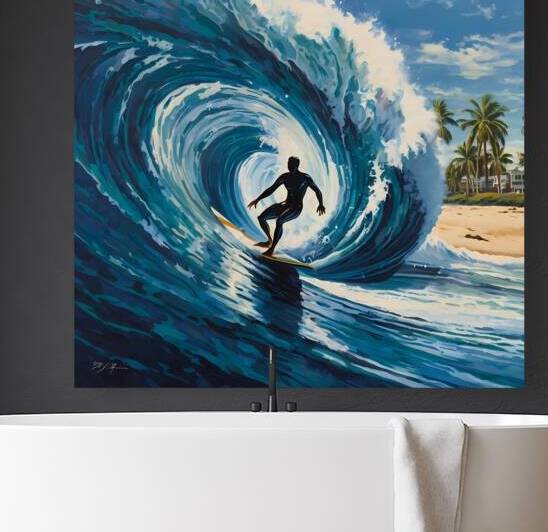 Default The mural showcases a dynamic and ating scene of a surfer riding a massive wave by LINA