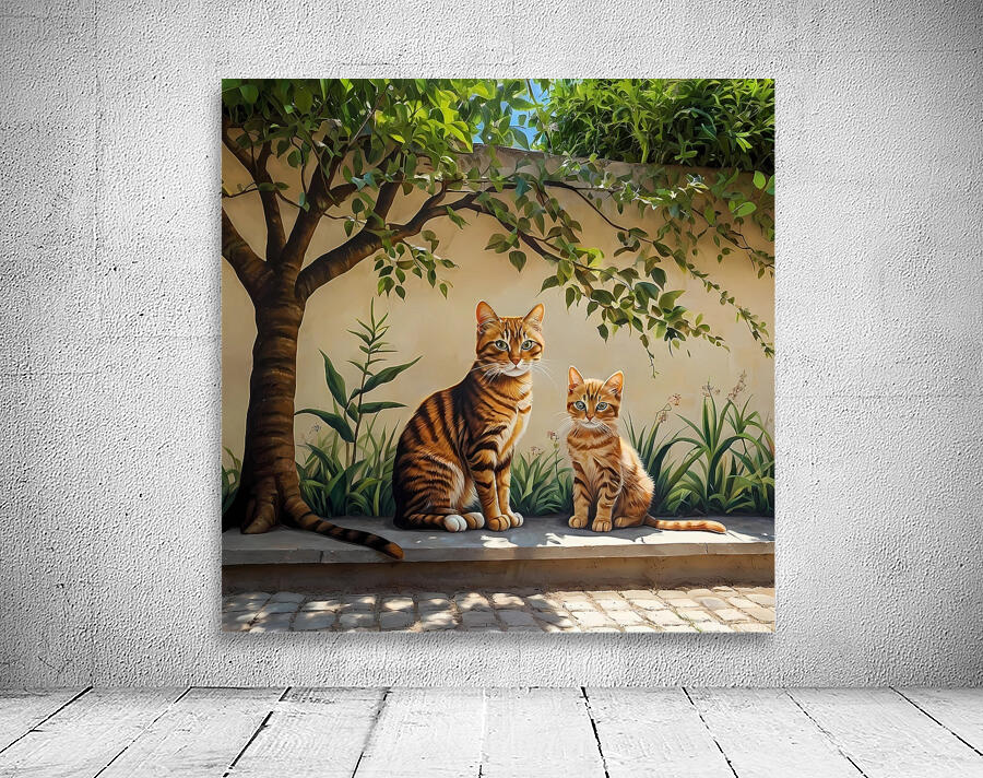 Default A high-quality wall painting depicts a cat and its kitten under the shade of a tree Wall Preview
