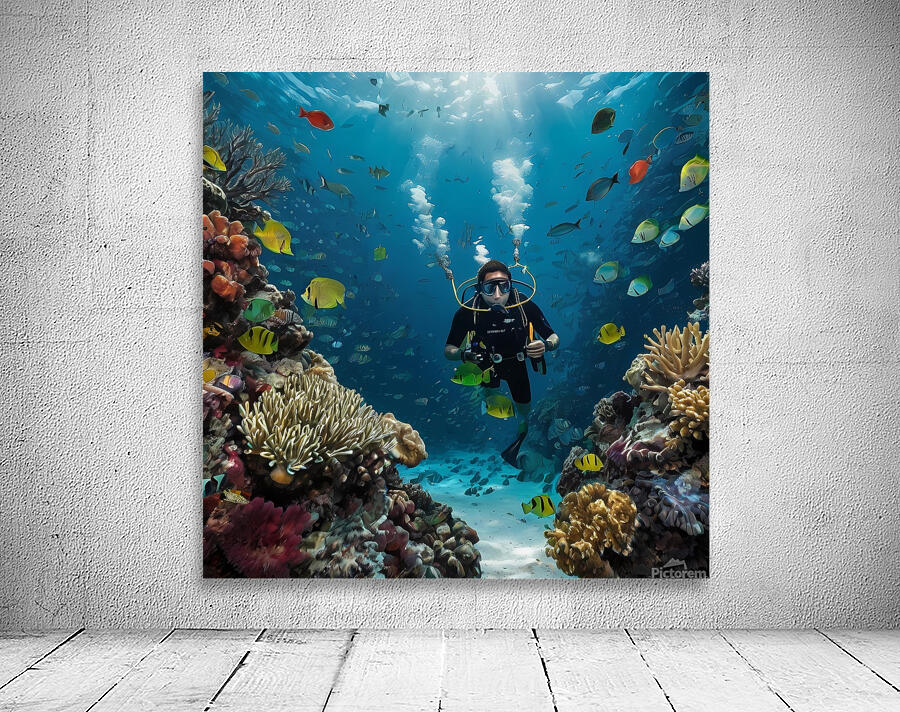 Default The mural is a highquality depiction of an underwater scene featuring a male diver exploring the depths of the ocean Wall Preview