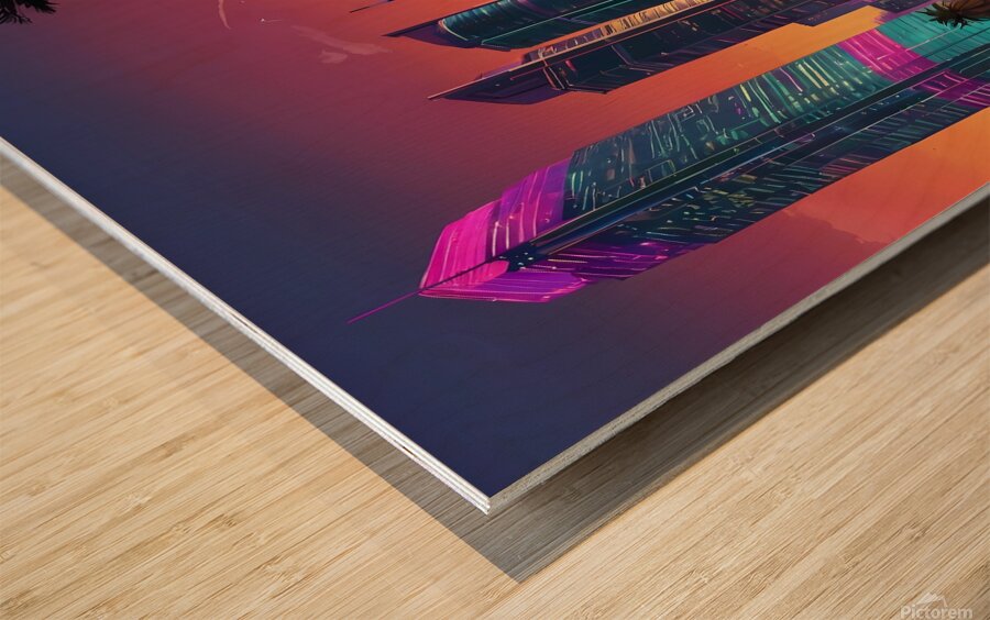 Default GTA VI style drawing of a vibrant coastal city Wood print