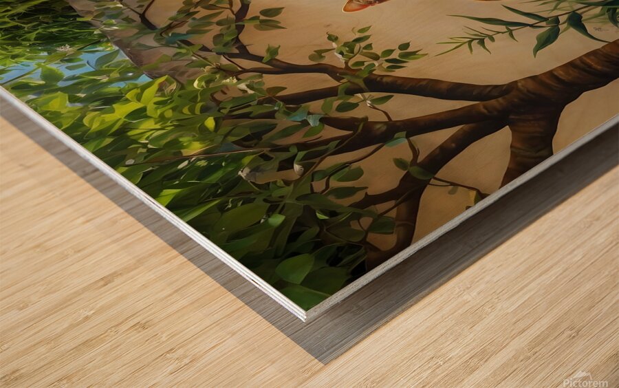 Default A high-quality wall painting depicts a cat and its kitten under the shade of a tree Wood print