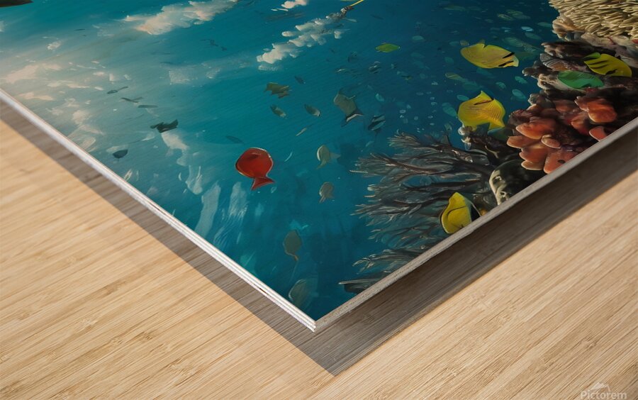 Default The mural is a highquality depiction of an underwater scene featuring a male diver exploring the depths of the ocean Wood print