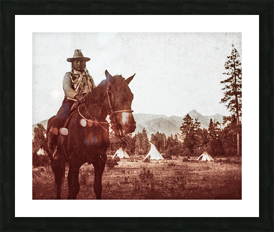 horse on horse with teepees and mountains Picture Frame print