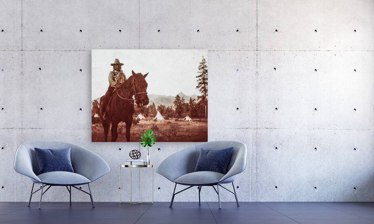 horse on horse with teepees and mountains Reproduction