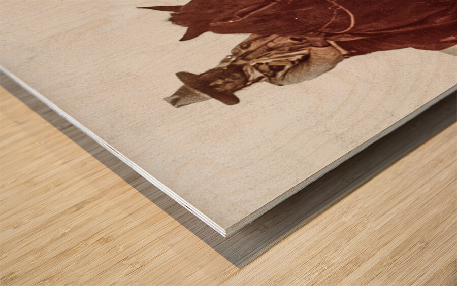 horse on horse with teepees and mountains Wood print