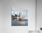 Sailboat floating by harbour with city skyline Acrylic Print