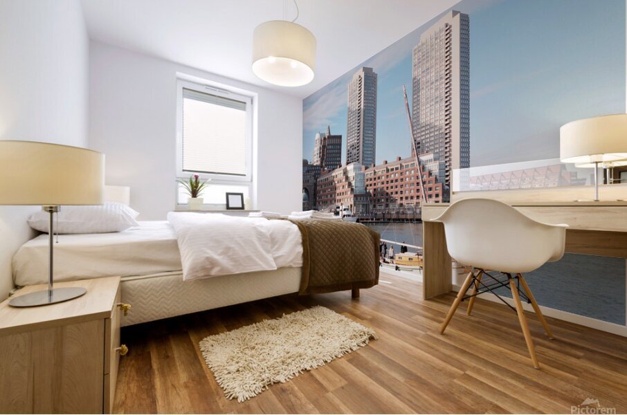 Sailboat floating by harbour with city skyline Mural print